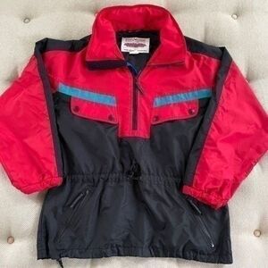 Vintage 90s Obermeyer Lightweight Half Zip Pullover Jacket Hood Bold Black Red S